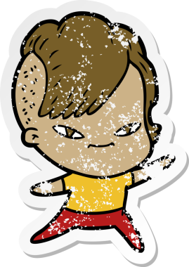 Hipster saç kesimi bir insan tarafından çizilmiş tatlı bir çizgi film kızına ait sıkıntılı bir etiket.