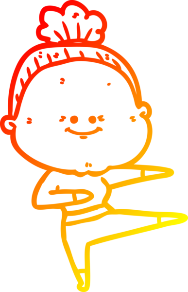 Bir insan tarafından çizilmiş mutlu, yaşlı bir kadının sıcak çizgi çizimi.