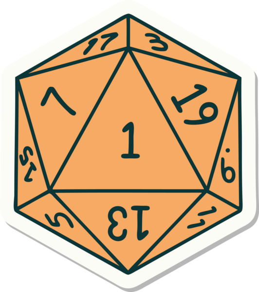 Bir insan tarafından çizilmiş doğal 1 D20 zar etiketi.