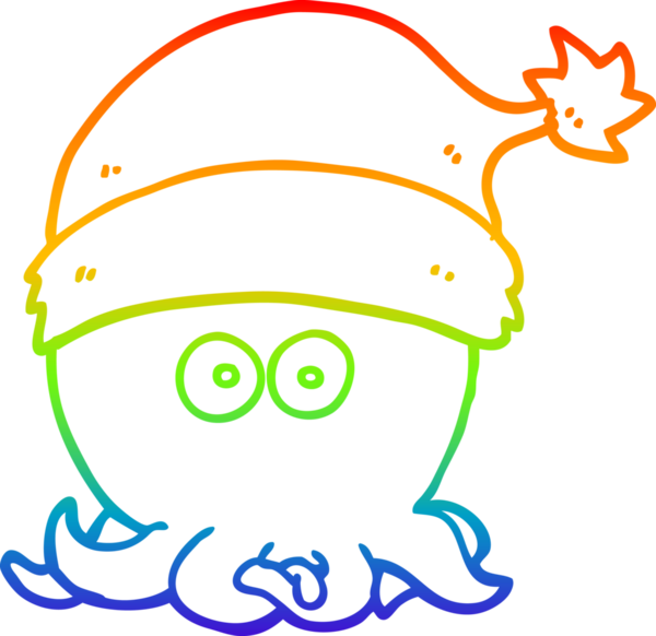 Gökkuşağı gradyan çizgi çizimi bir insan tarafından çizilmiş noel şapkası giyen ahtapot çizgi filmi.