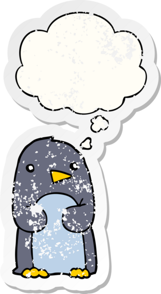 Düşünce baloncuğu olan karikatür pengueni insan tarafından çizilmiş yıpranmış bir çıkartma.