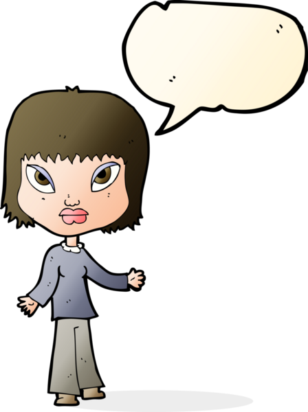 Bir insan tarafından çizilmiş konuşma balonlu açık kollu çizgi film kadını.