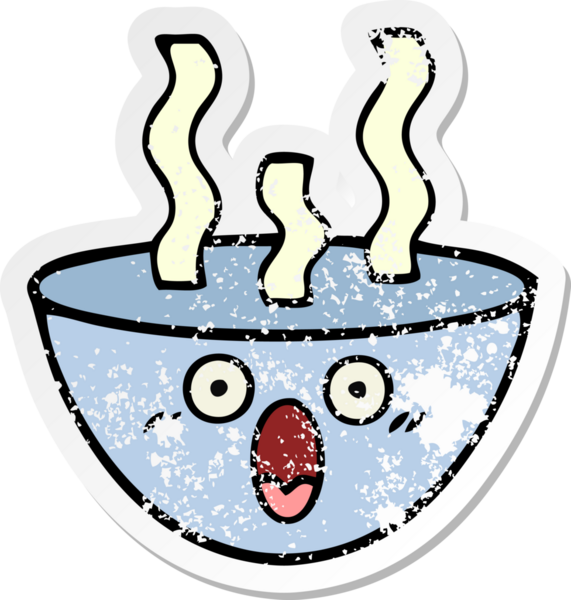 Bir insan tarafından çizilmiş sıcak çorba kasesinin hüzünlü çıkartması.