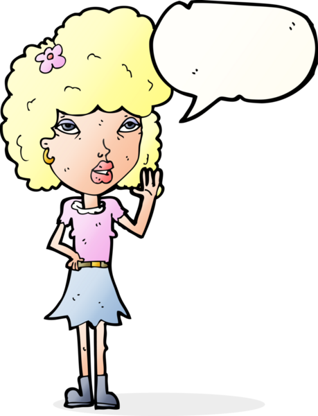 Bir insan tarafından çizilmiş bir konuşma balonuyla el sallayan çizgi film kadını.