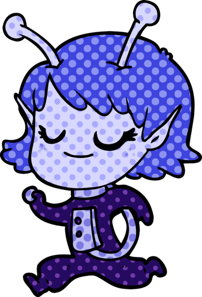 Bir insan tarafından çizilmiş gülümseyen uzaylı kız çizgi filmi.