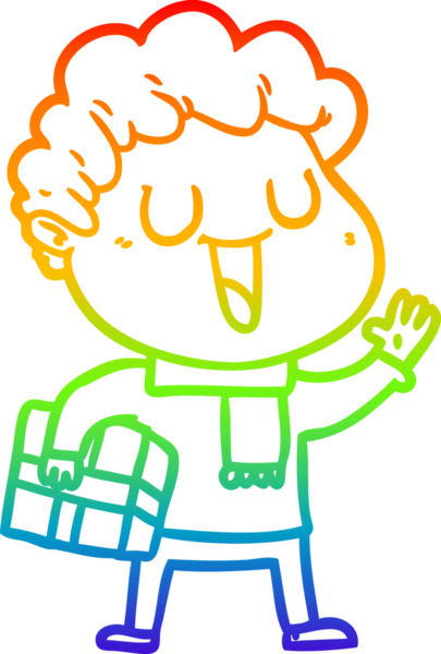 Gökkuşağı gradyan çizimi. Gülen bir çizgi film adamı. Yanında bir insan tarafından çizilmiş.