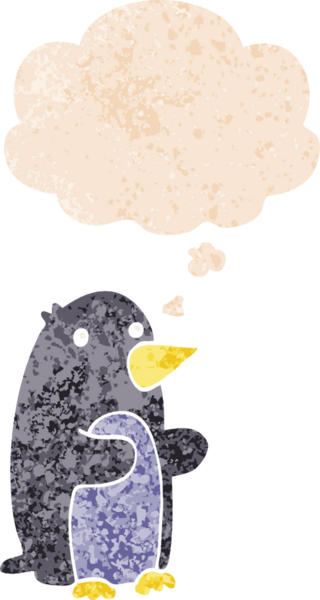 Düşünce baloncuğu olan karikatür pengueni bir insan tarafından çizilmiş dertli retro desenli.