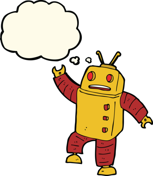 Bir insan tarafından çizilmiş düşünce baloncuklu çizgi film robotu