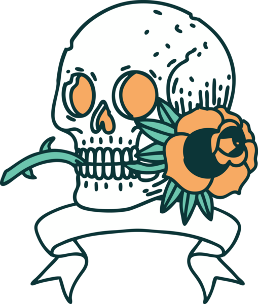 Geleneksel dövmeli kafatası ve bir insan tarafından çizilmiş gül.