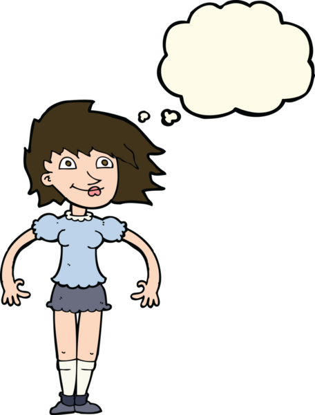 Bir insan tarafından çizilmiş düşünce balonlu mutlu kadın çizgi filmi.