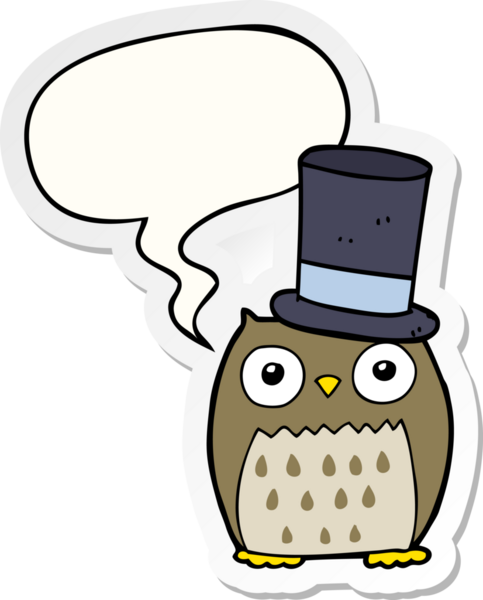 Bir insan tarafından çizilmiş balon etiketli silindir şapka takan bir baykuş.