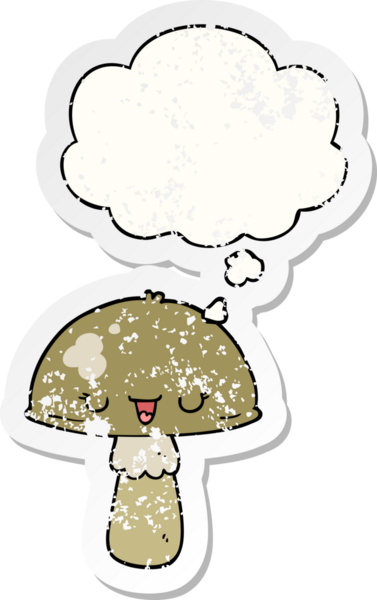Düşünce baloncuğu olan karikatür mantarı insan tarafından çizilmiş yıpranmış bir çıkartma.