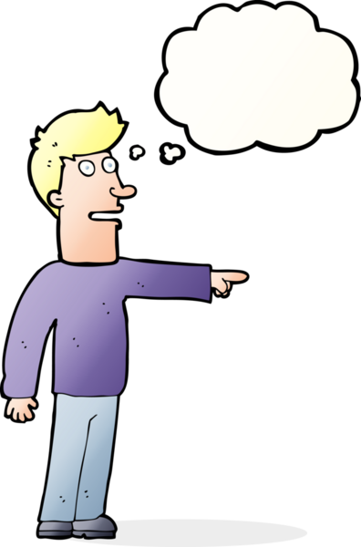 Bir insan tarafından çizilen düşünce baloncuğuyla işaret eden çizgi film adamı.