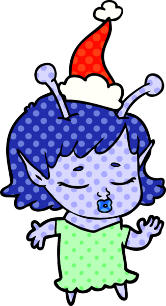 Sevimli uzaylı kız el çizimi çizgi roman tarzı Noel Baba şapkası giyen bir insan tarafından çizilmiş.