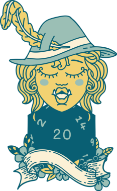 Retro Dövme Tarzı Şarkı Söyleyen Yarı Ork Ozan Bir insan tarafından çizilmiş doğal yirmi zar ile