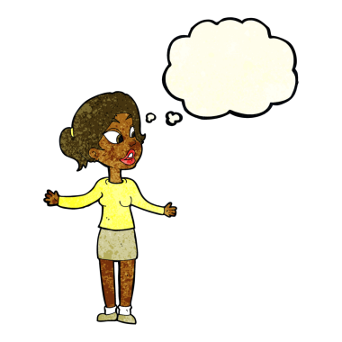 Bir insan tarafından çizilmiş düşünce baloncuğu olan bir şeyi açıklayan güzel bir kadın.