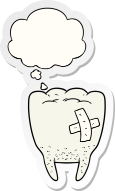 İnsan tarafından çizilmiş bir çıkartma gibi düşünce baloncuklu kötü diş çizgi filmi.