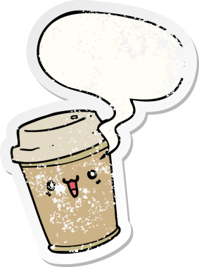 Çizgi film, bir insan tarafından çizilmiş sıkıntılı eski çıkartmalı konuşma balonlu kahveyi dışarı çıkarır.