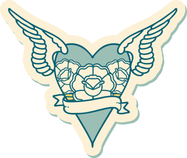 Geleneksel bir dövme stili. Uçan kalp. Çiçekler ve bir insan tarafından çizilmiş bayrak.