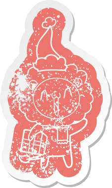 Mutlu çizgi film, bir insan tarafından çizilmiş Noel Baba şapkası takan bir aslanın hüzünlü çıkartması.