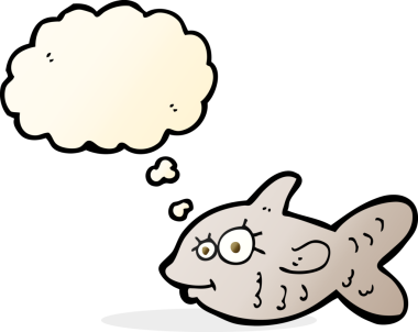 Bir insan tarafından çizilmiş düşünce balonlu mutlu Japon balığı çizgi filmi.