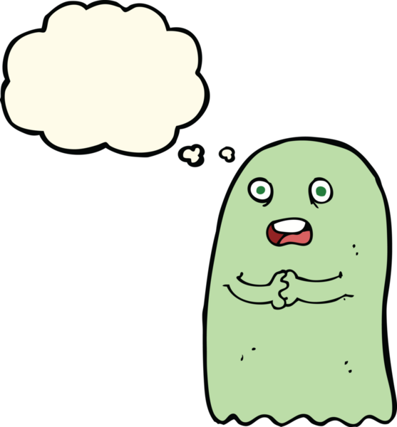 Bir insan tarafından çizilmiş düşünce baloncuklu komik çizgi film hayaleti.