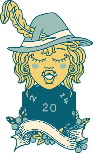 Retro Dövme Tarzı Şarkı Söyleyen Yarı Ork Ozan Bir insan tarafından çizilmiş doğal yirmi zar ile