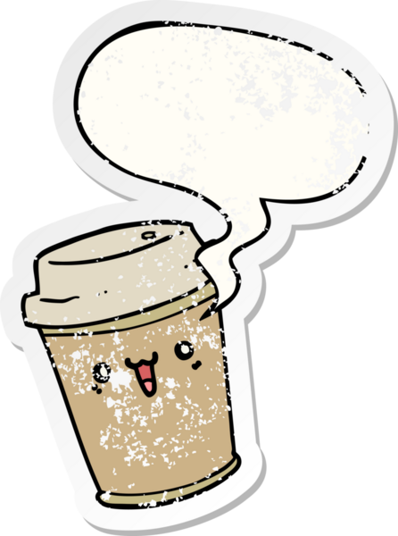 Çizgi film, bir insan tarafından çizilmiş sıkıntılı eski çıkartmalı konuşma balonlu kahveyi dışarı çıkarır.