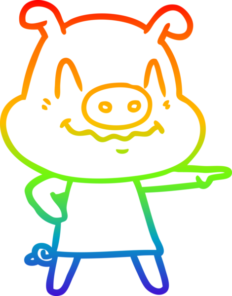 Gökkuşağı gradyan çizgisi insan tarafından çizilmiş bir elbise giyen sinirli bir domuzun çizimi