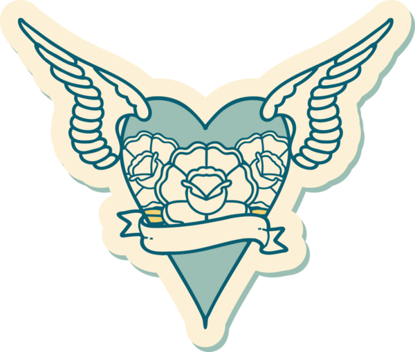 Geleneksel bir dövme stili. Uçan kalp. Çiçekler ve bir insan tarafından çizilmiş bayrak.