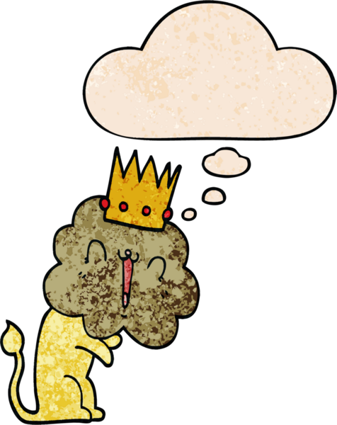 Düşünce baloncuğu ile taçlı çizgi film aslanı bir insan tarafından çizilmiş grunge doku tarzı.