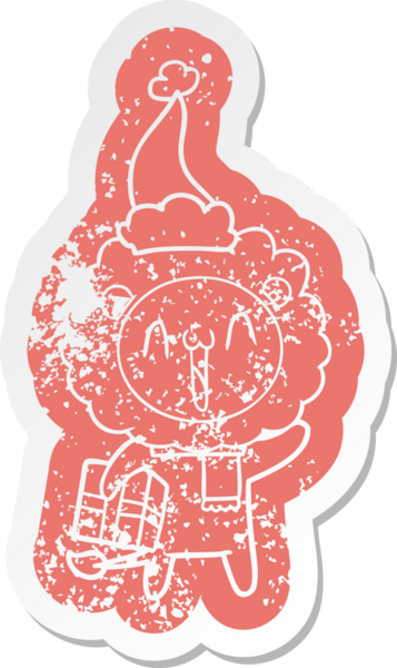 Mutlu çizgi film, bir insan tarafından çizilmiş Noel Baba şapkası takan bir aslanın hüzünlü çıkartması.