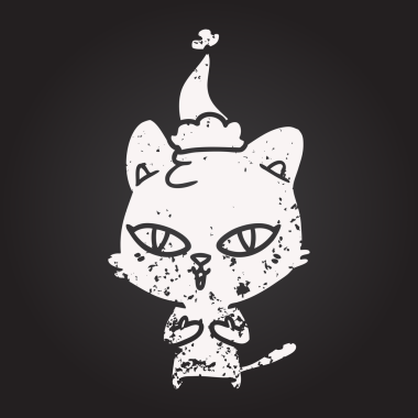 Tahta tebeşir elle çizilmiş Noel Baba şapkası takan bir kedi bir insan tarafından çizilmiş.