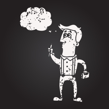 Tahta tebeşirle çizilmiş düşünce balonu karikatürü çizen adam bir insan tarafından çizilmiş.