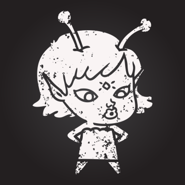 Kara tahta tebeşirle çizilmiş güzel uzaylı kız bir insan tarafından çizilmiş.