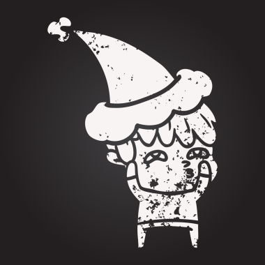 Karatahta tebeşirle çizilmiş. Meraklı bir adamın Noel Baba şapkası giymiş bir insan tarafından çizilmiş.