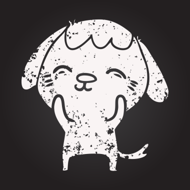 Bir insan tarafından çizilmiş karatahta mutlu çizgi film köpeği.