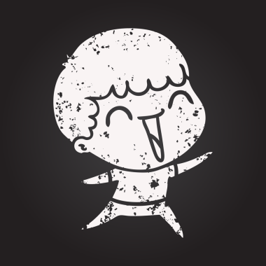 Karatahta karikatür mutlu adam bir insan tarafından çizilmiş gülüyor.