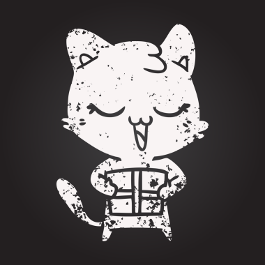 Bir insan tarafından çizilmiş kara tahta tebeşirli mutlu çizgi film kedisi.