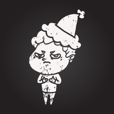 Karatahta tebeşirle çizilmiş. Kızgın bir adamın Noel Baba şapkası giymiş bir insan tarafından çizilmiş.