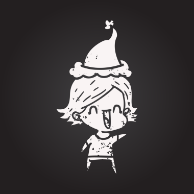 Tahta tebeşirle çizilmiş mutlu bir kadın Noel Baba şapkası giymiş bir insan tarafından çizilmiş.