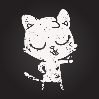 Bir insan tarafından çizilmiş kara tahta tebeşirli mutlu çizgi film kedisi.