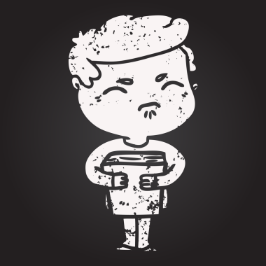 Tahta tebeşir karikatürü bir insan tarafından çizilmiş kitapla rahatsız edilmiş bir adam.