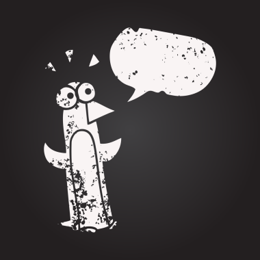 Tahta tebeşirle çizilmiş konuşma balonu karikatürü bir insan tarafından çizilmiş pengueni şaşırttı