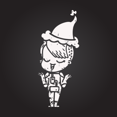 Tahta tebeşirle çizilmiş mutlu el çizimi uzay elbisesi içindeki bir kız Noel Baba şapkası giymiş bir insan tarafından çizilmiş.