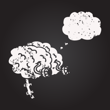 Tahta tebeşirle çizilmiş düşünce baloncuğu beyni bir insan tarafından çizilmiş.