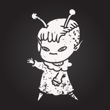 Karatahta tebeşiri şirin uzaylı kız bir insan tarafından çizilmiş.