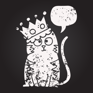 Tahta tebeşirle çizilmiş serbest konuşma balonu çizgi film kedisi bir insan tarafından çizilmiş.