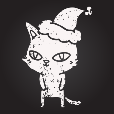 Tahta tebeşirle çizilmiş bir el çizimi. Parlak gözlü, Noel Baba şapkalı bir insan tarafından çizilmiş.