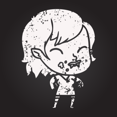 Bir insan tarafından çizilmiş yanağında kan olan karatahta tebeşirli vampir kız.